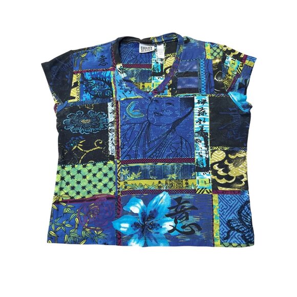 Chicos Design Multicolor Patchwork Print V-Neck Short Sleeve Top Size XL - Picture 1 of 6